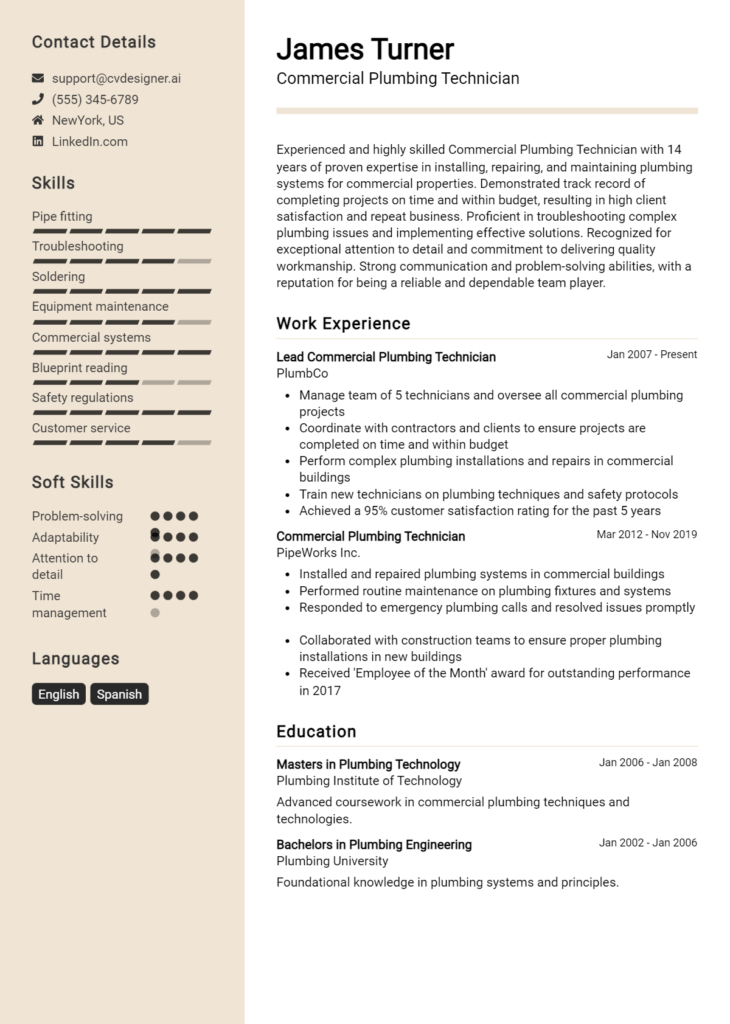 Commercial Plumbing Technician Resume Example