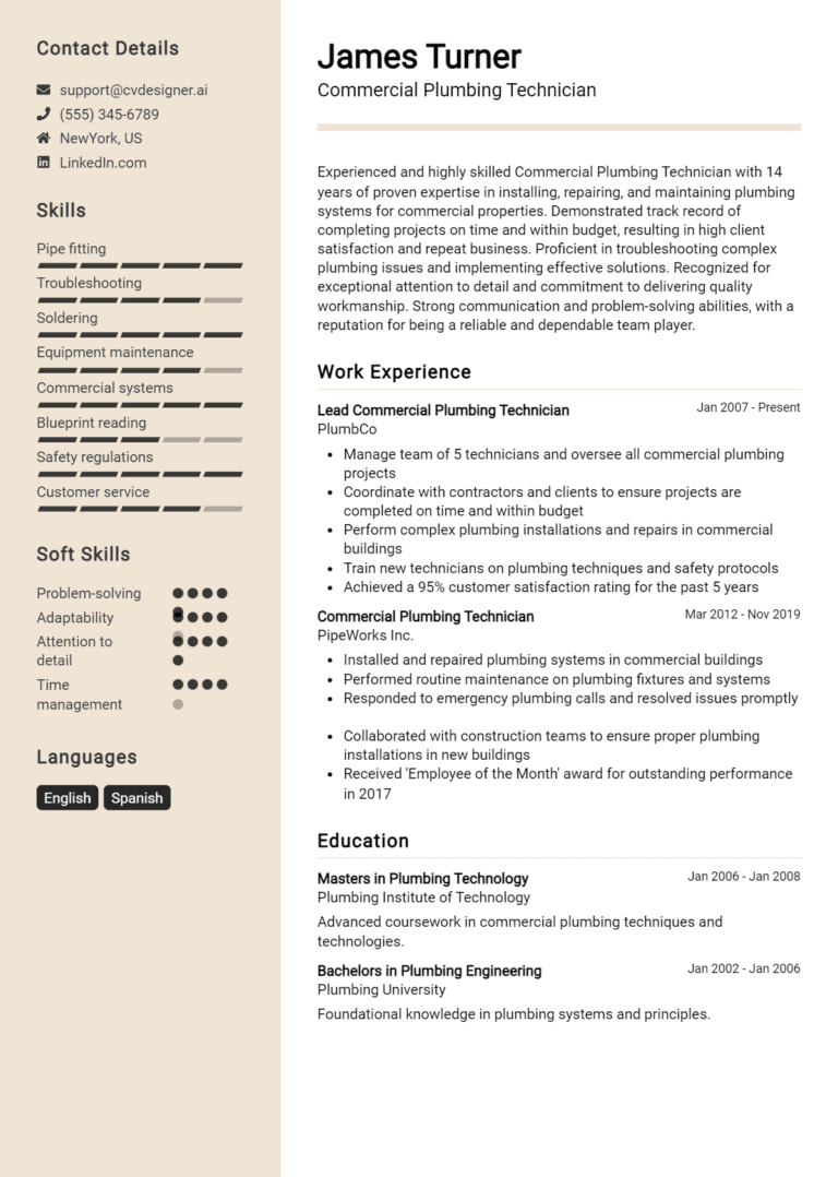 23 Commercial Plumbing Technician Resume Examples And Templates for 2025