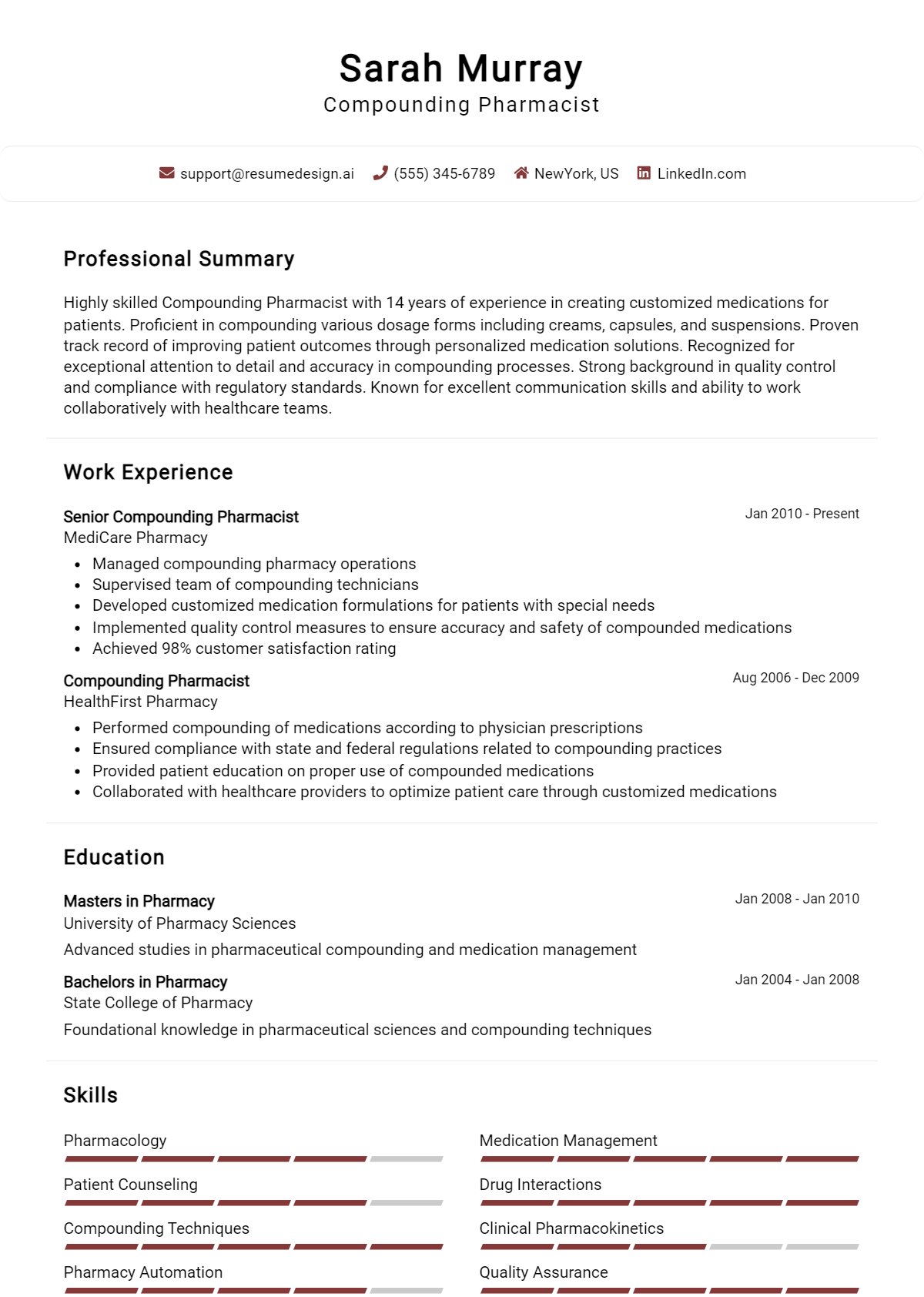 Compounding Pharmacist Resume Example