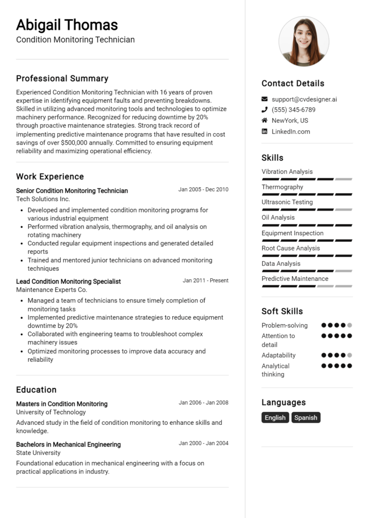 Condition Monitoring Technician Resume Example