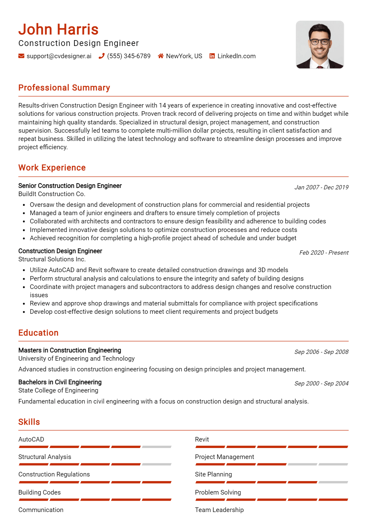 Construction Design Engineer Resume Example