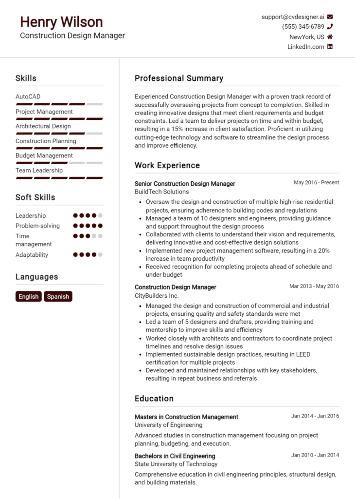 Construction Design Manager Resume Example