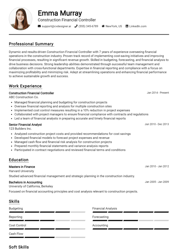 Construction Financial Controller Resume Example