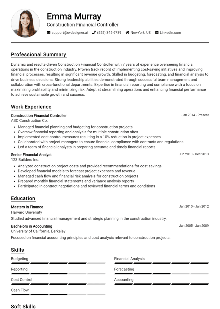 9 Construction Financial Controller Resume Examples And Templates for 2025: Best Tips