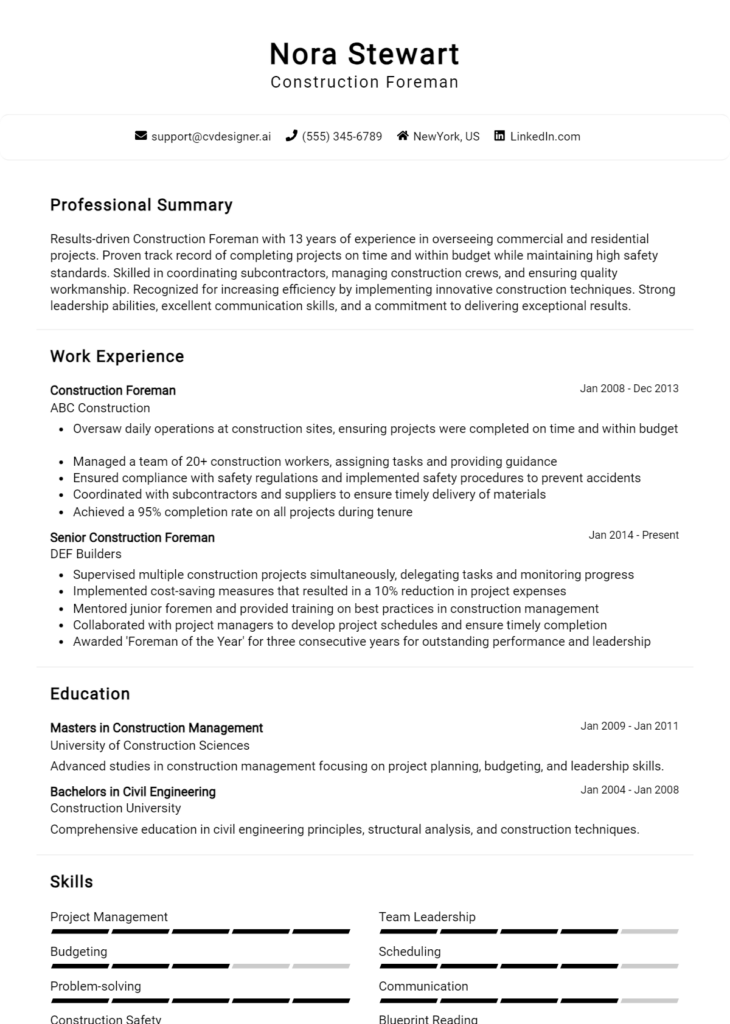 Construction Foreman Resume Example