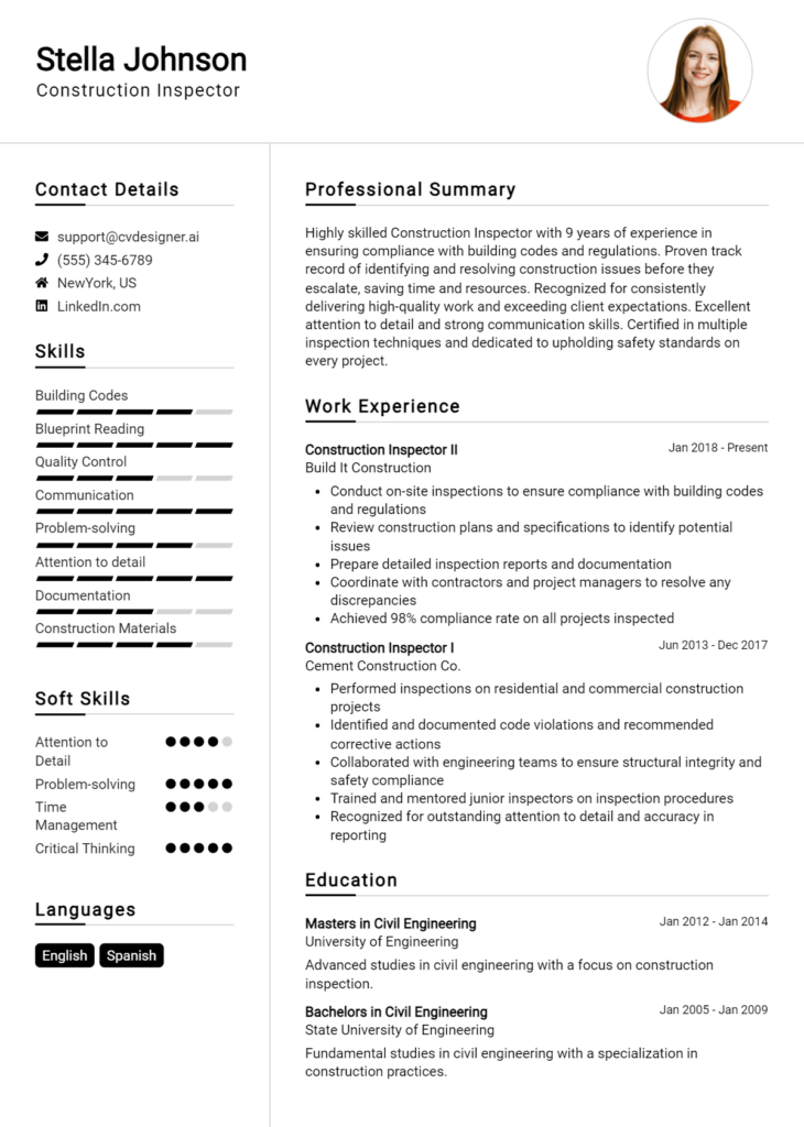 Construction Inspector Resume Example