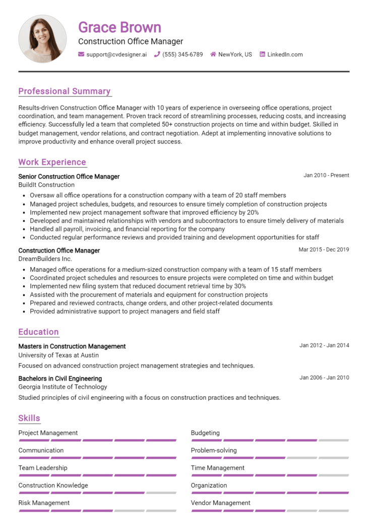 Construction Office Manager Resume Example