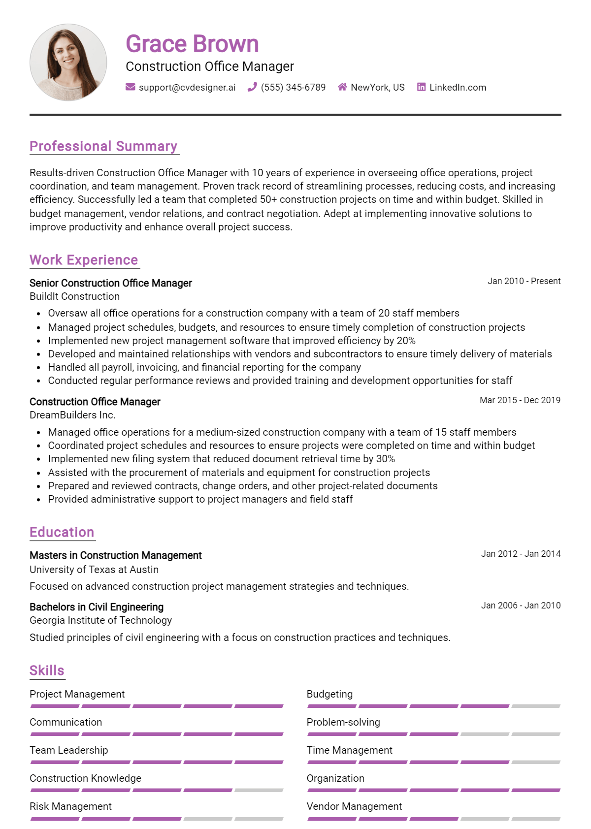 Construction Office Manager Resume Example