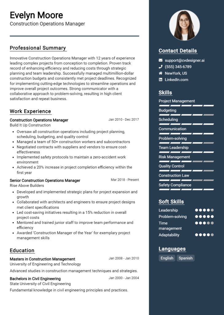 Construction Operations Manager Resume Example