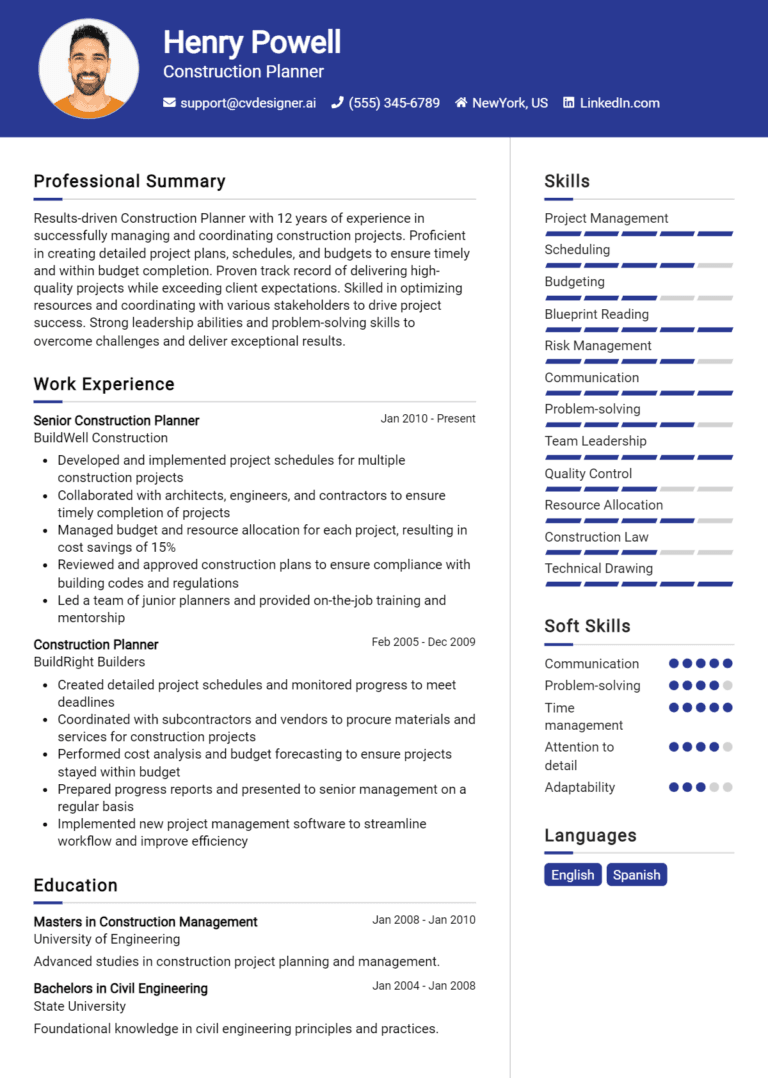 17 Construction Planner Resume Examples And Templates for 2025 (Downloadable)