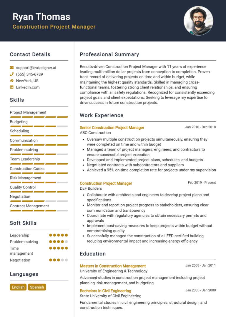 17 Construction Foreman Resume - Construction Project Manager Resume Example 768x1078 