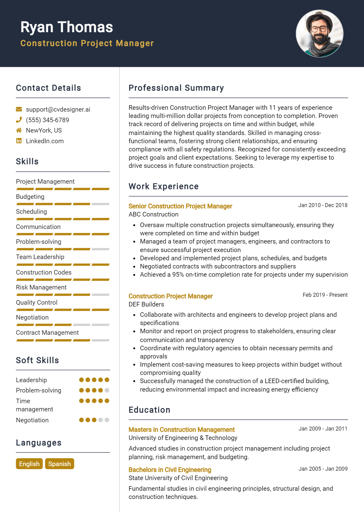 Construction Project Manager Resume Example