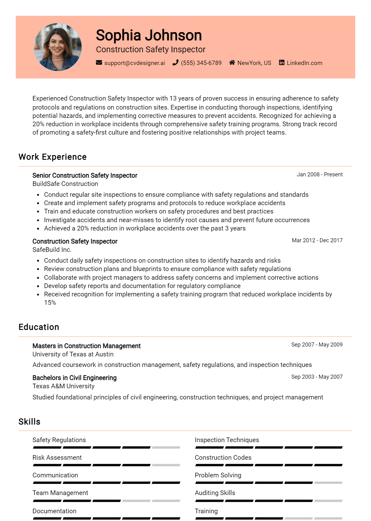 Construction Safety Inspector Resume Example