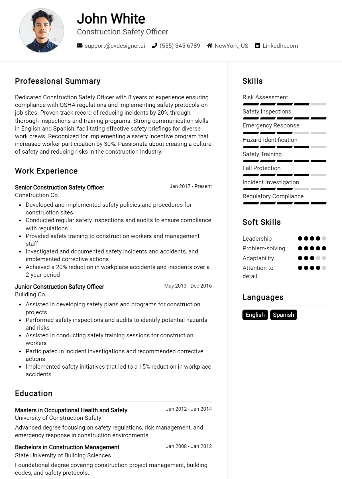 Construction Safety Officer Resume Example