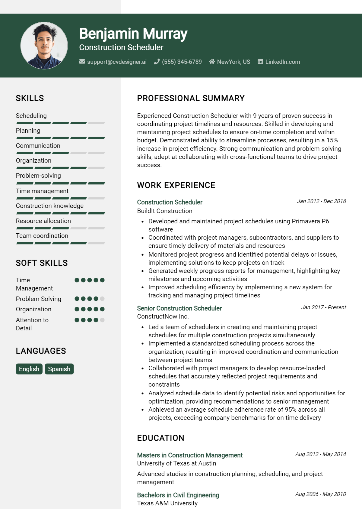 Construction Scheduler Resume Example