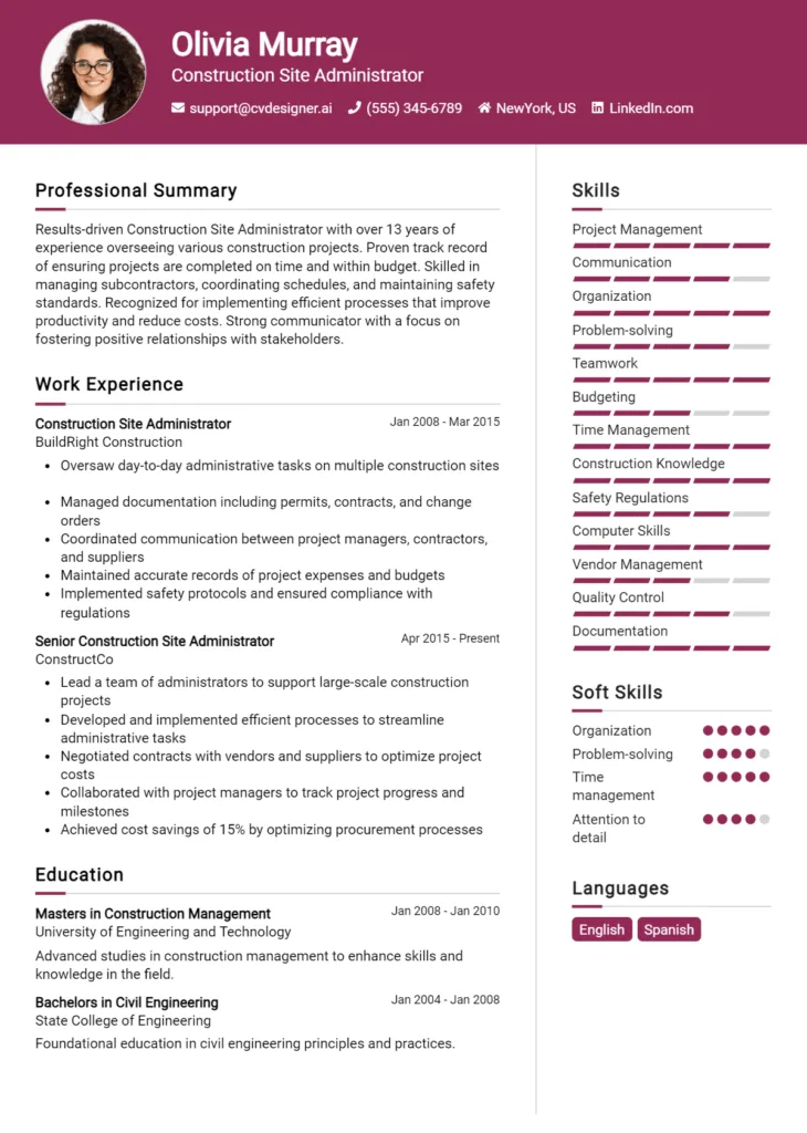 Construction Site Administrator Resume Example