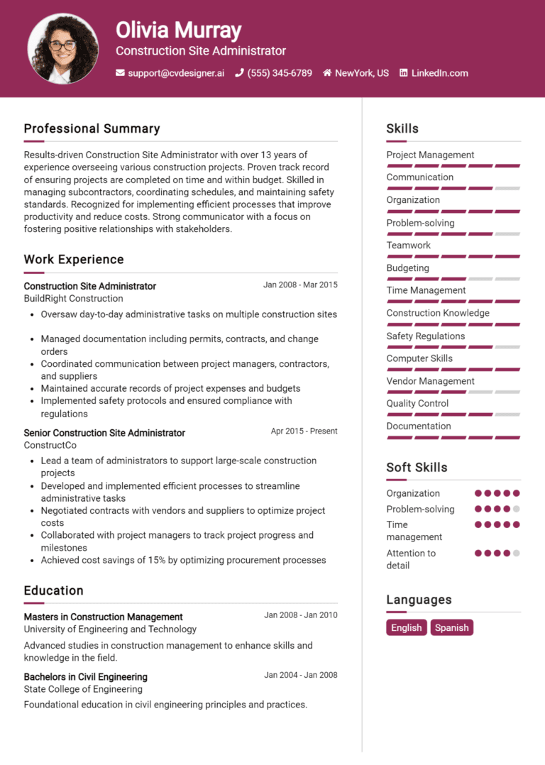 17 Construction Site Administrator Resume Examples And Templates for 2025: Top Tips