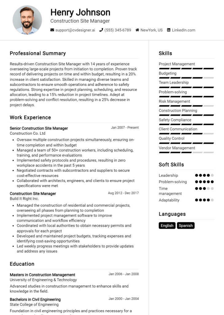 Construction Site Manager Resume Example