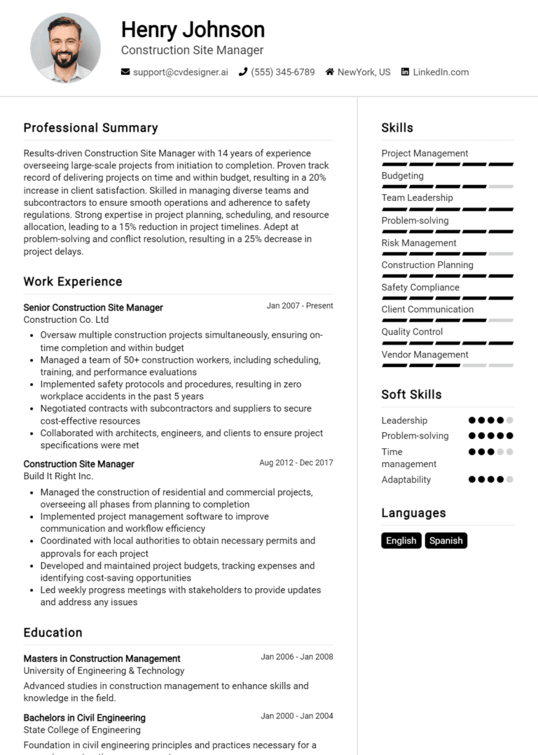 17 Construction Site Manager Resume Examples And Templates for 2025