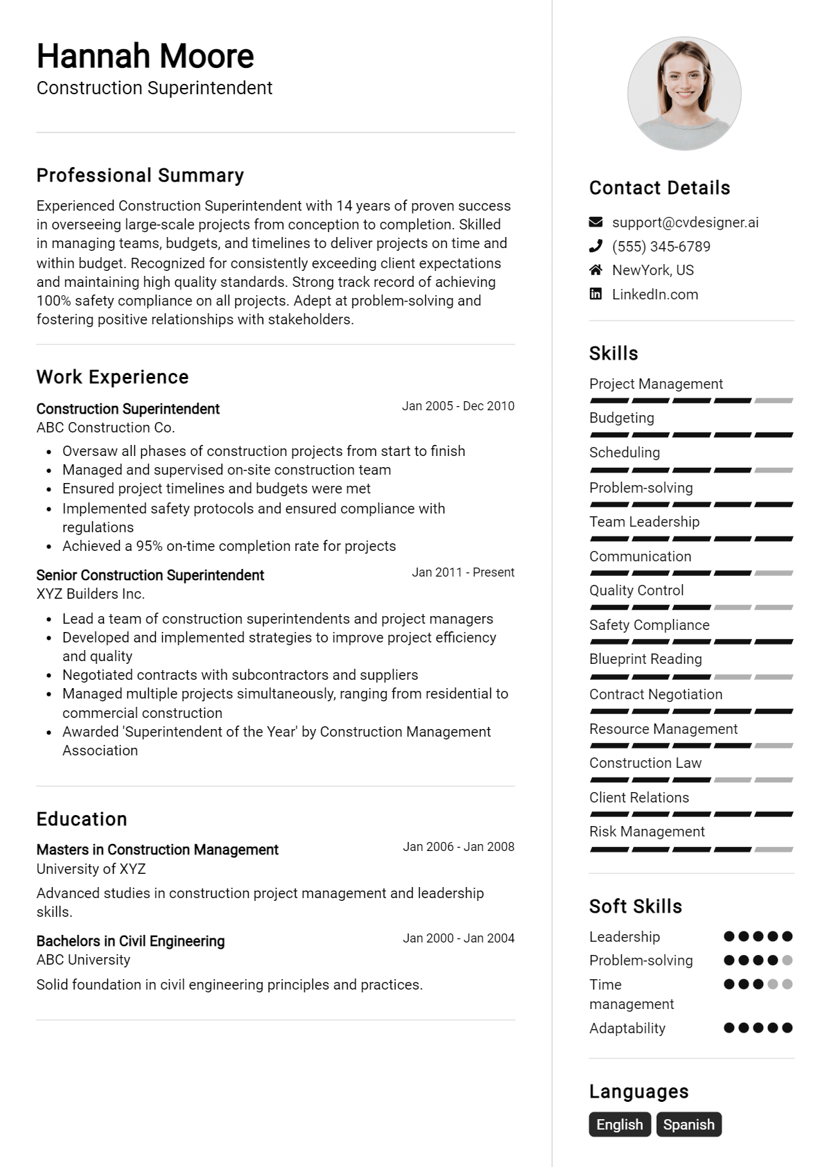 Construction Superintendent Resume Example