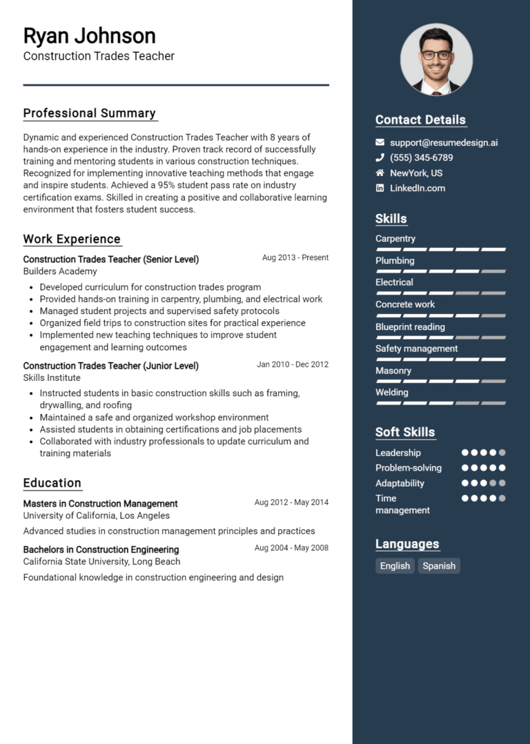18 Construction Trades Teacher Resume Examples And Templates for 2025