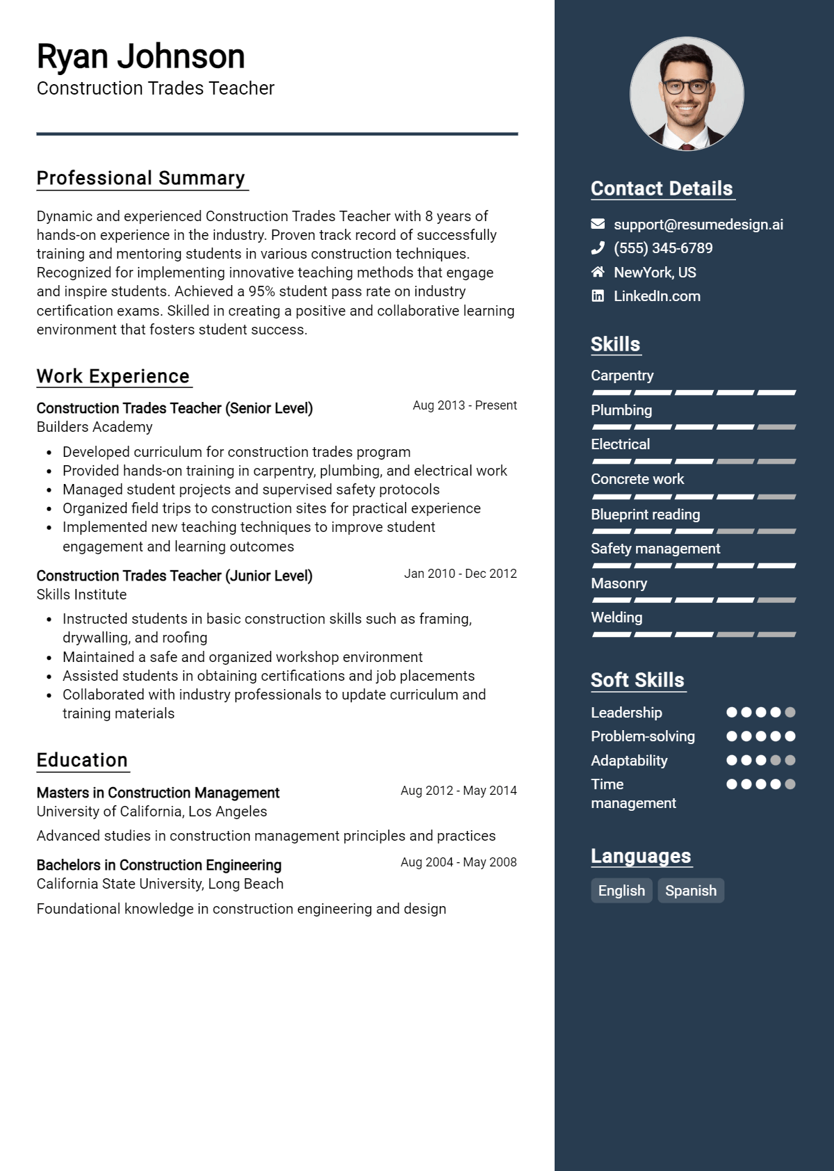 Construction Trades Teacher Resume Example