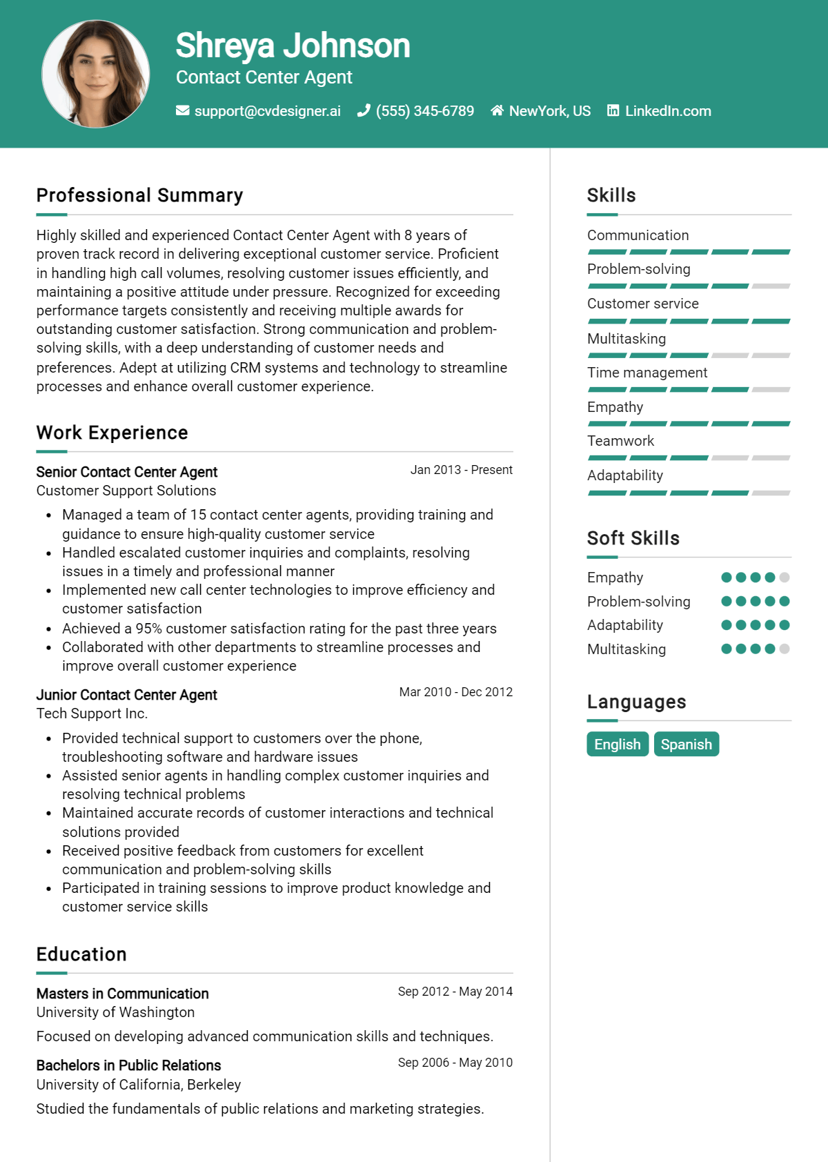 Contact Center Agent Resume Example