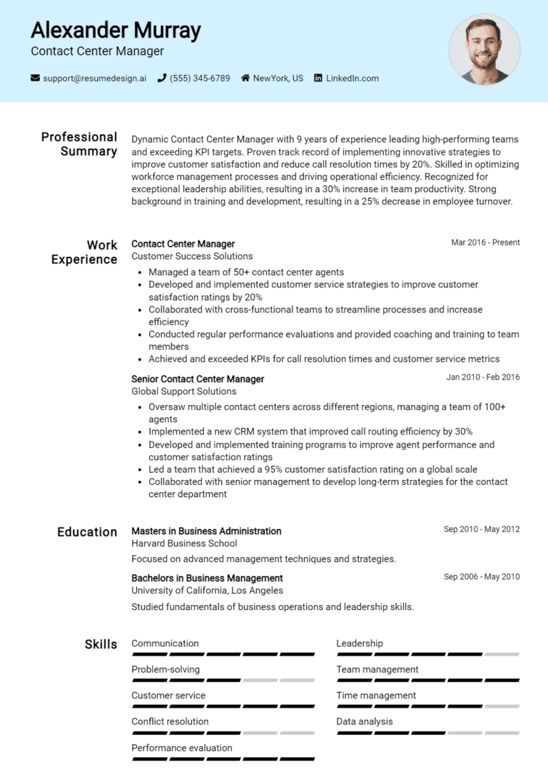 15 Contact Center Manager Resume Examples And Templates for 2025 (Downloadable)