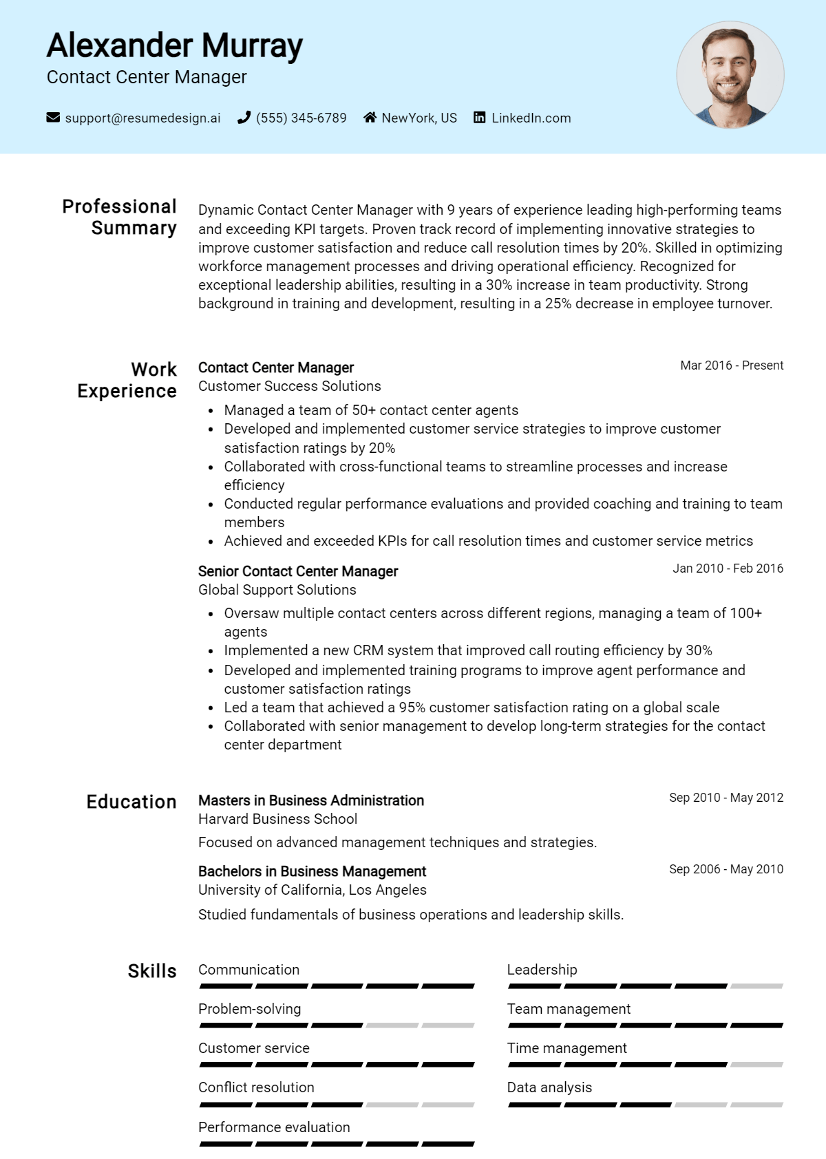 Contact Center Manager Resume Example