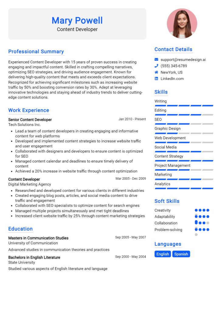 Content Developer Resume Example