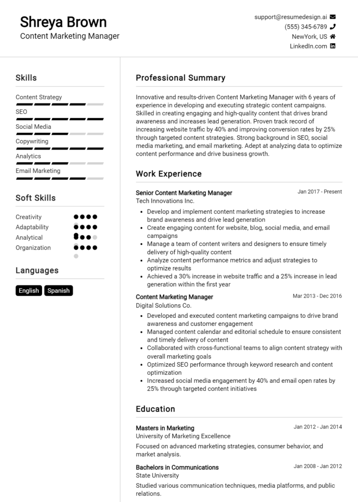 Content Marketing Manager Resume Example