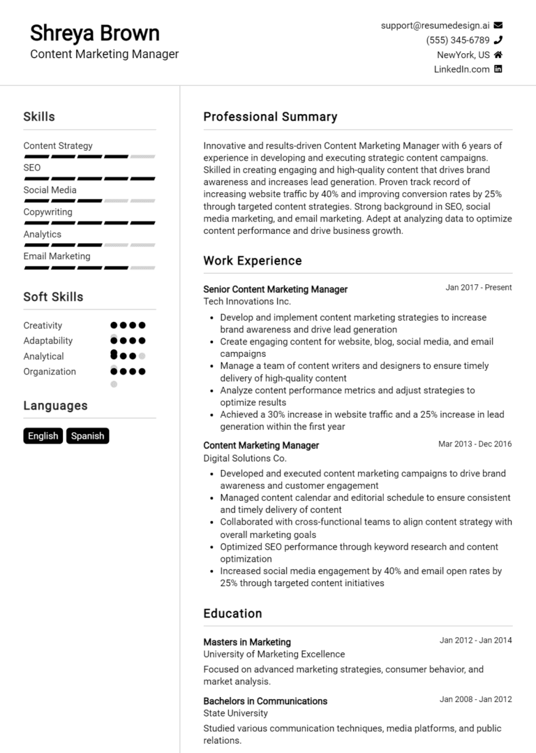 14 Content Marketing Manager Resume Examples And Templates for 2025