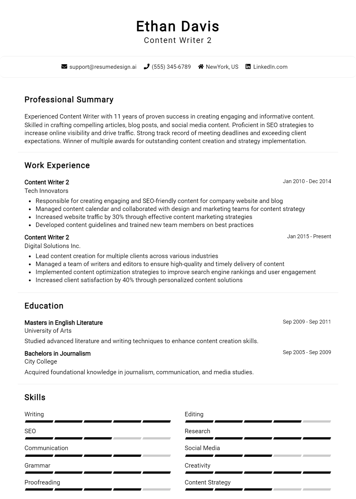 Content Writer 2 Resume Example