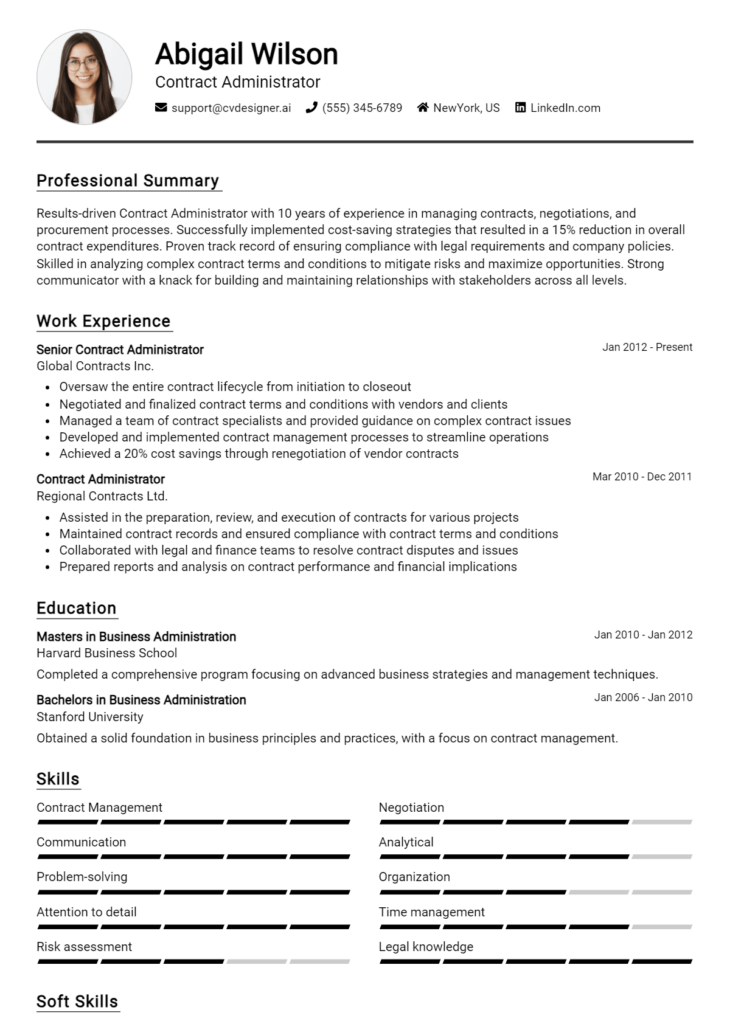 Contract Administrator Resume Example