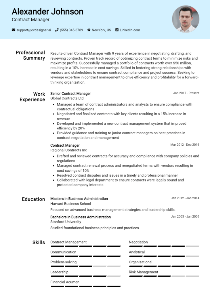 Contract Manager Resume Example