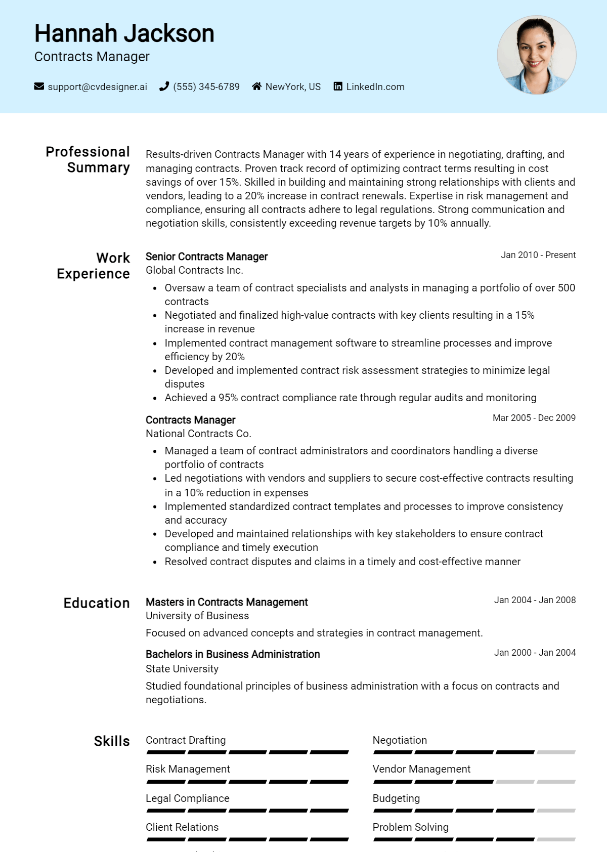 Contracts Manager Resume Example