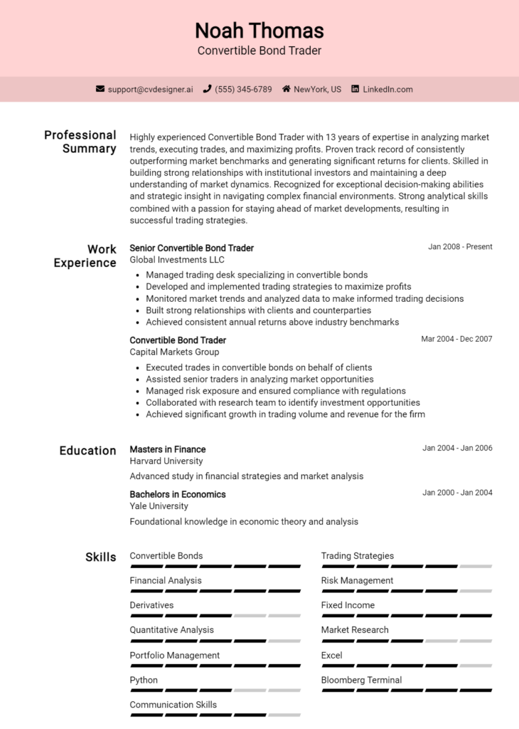 Convertible Bond Trader Resume Example