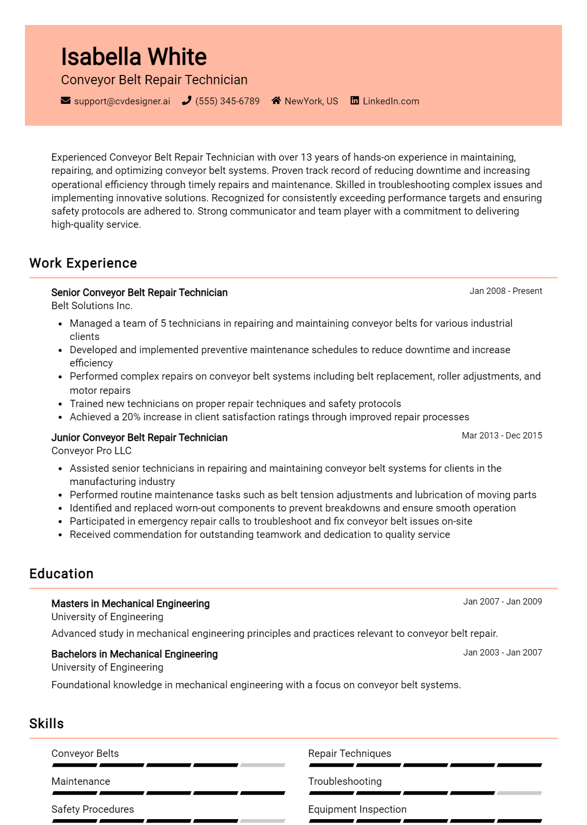 Conveyor Belt Repair Technician Resume Example