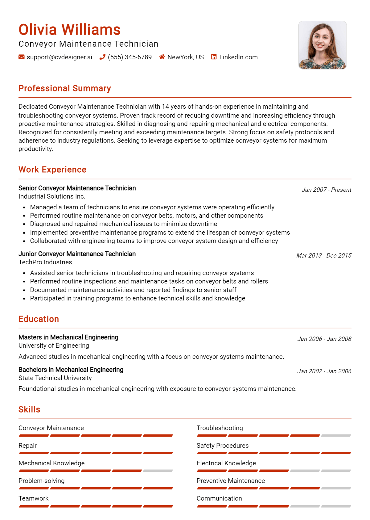 Conveyor Maintenance Technician Resume Example