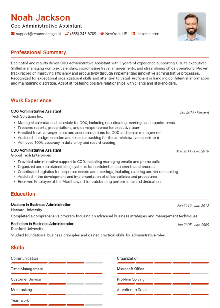 Coo Administrative Assistant Resume Example