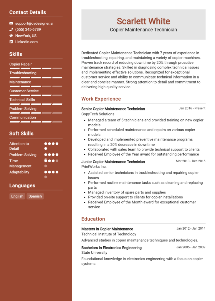 Copier Maintenance Technician Resume Example