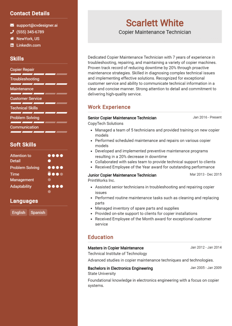 15 Copier Maintenance Technician Resume Examples And Templates for 2025: Expert Tips