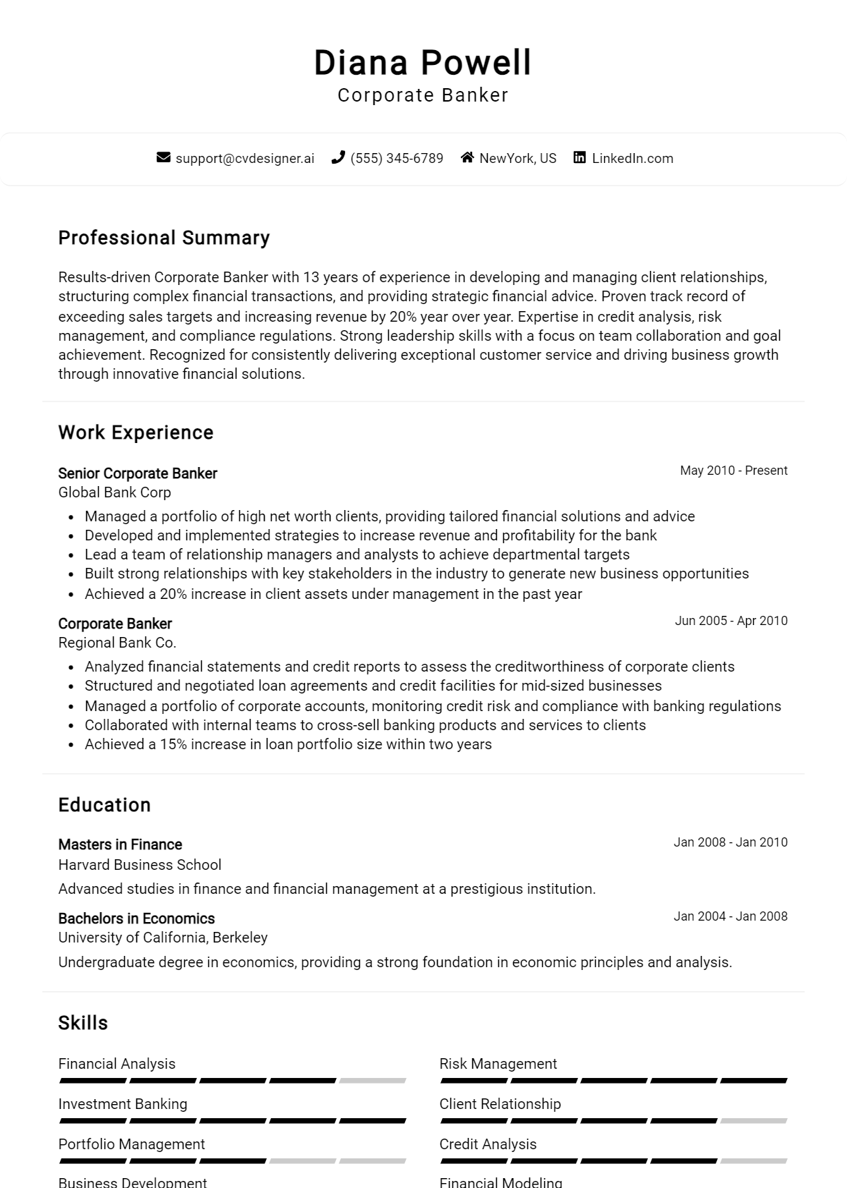 Corporate Banker Resume Example