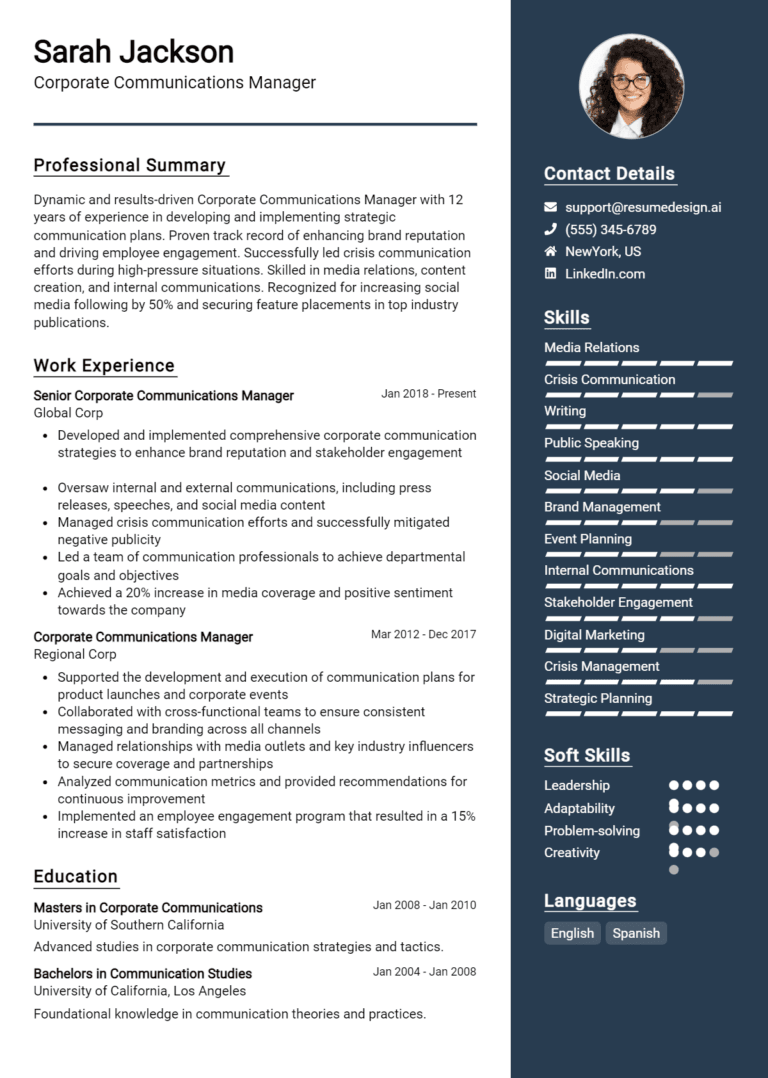 16 Corporate Communications Manager Resume Examples And Templates for 2025