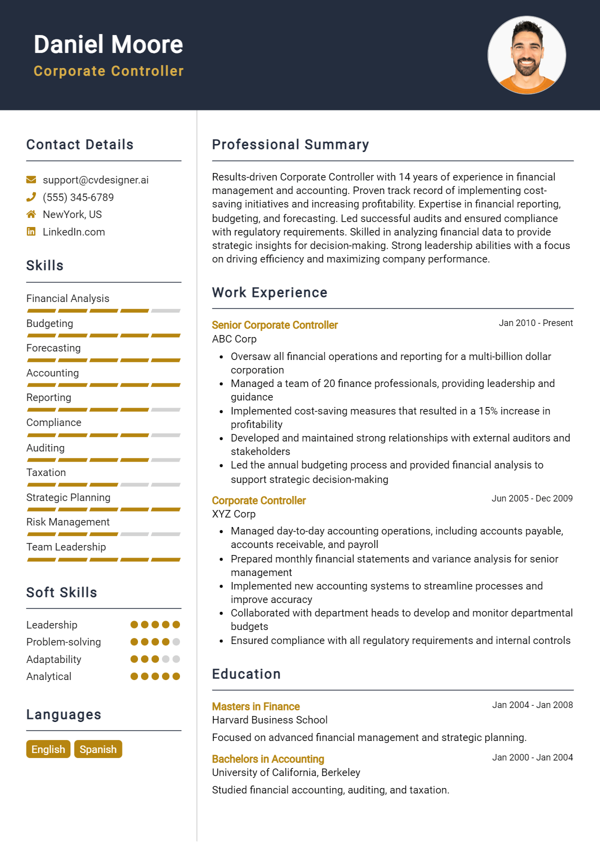 Corporate Controller Resume Example