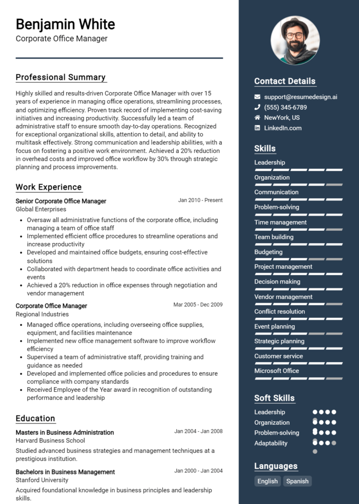 Corporate Office Manager Resume Example