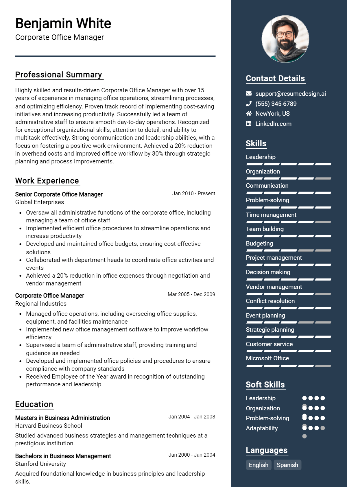 Corporate Office Manager Resume Example