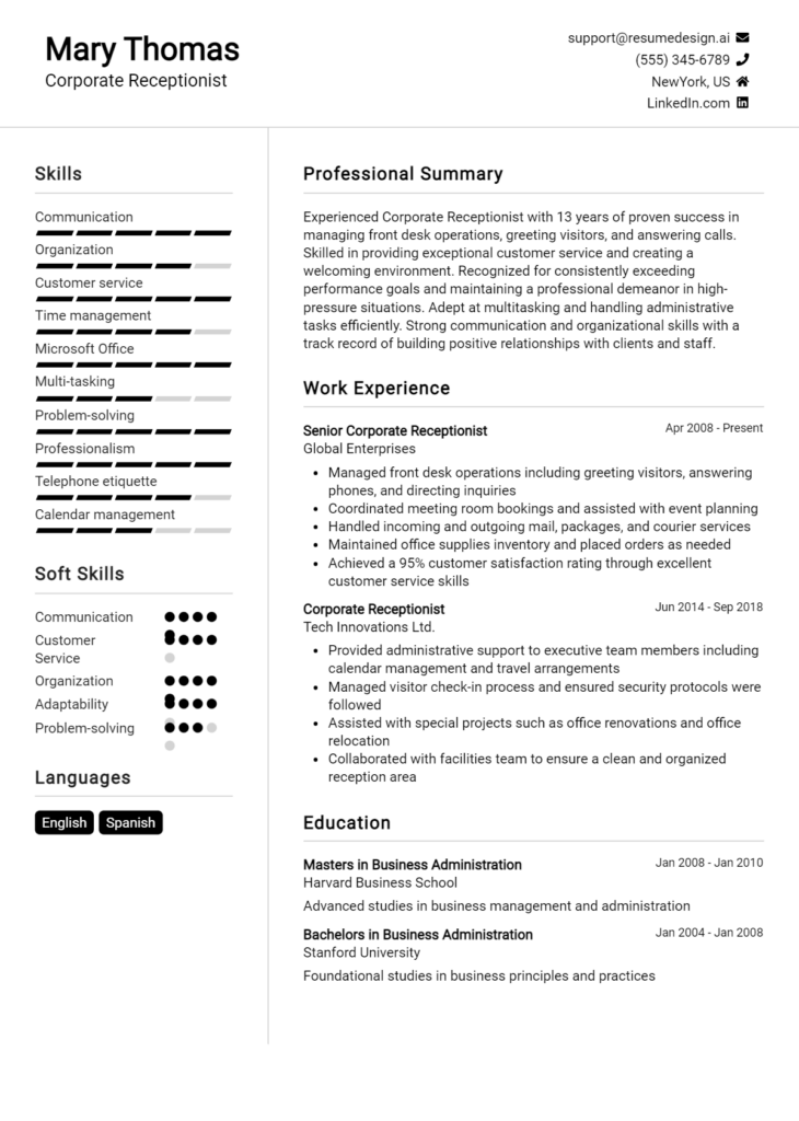 Corporate Receptionist Resume Example