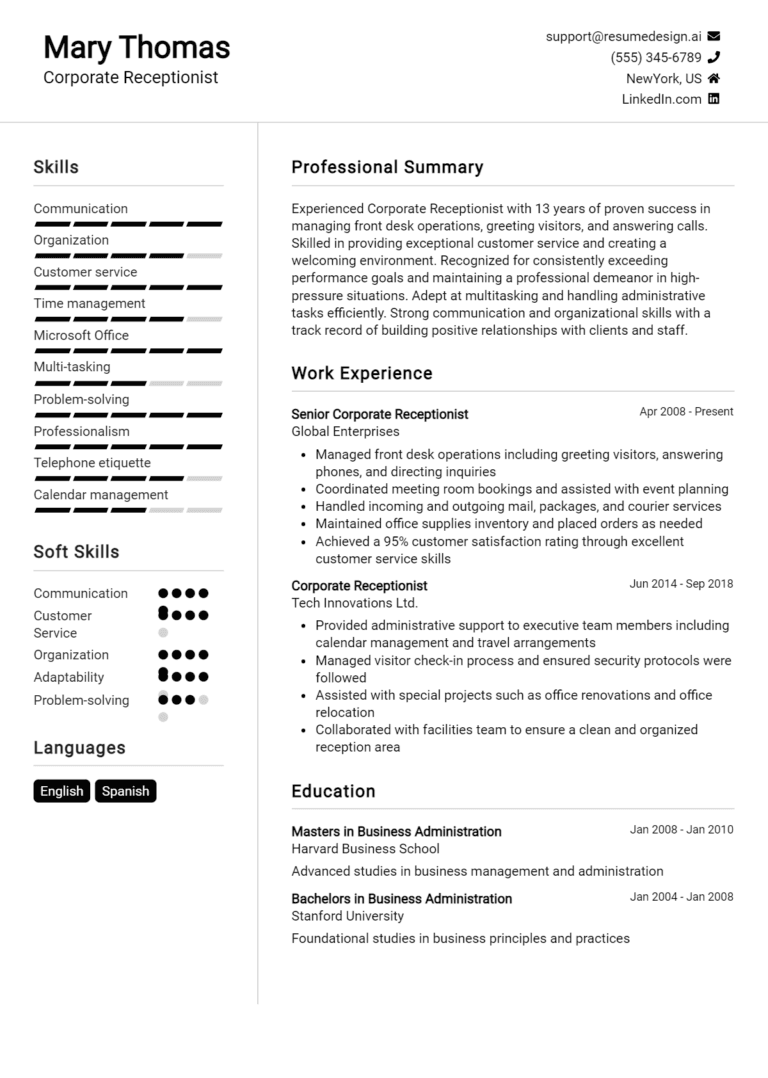 15 Corporate Receptionist Resume Examples And Templates for 2025 (Downloadable)
