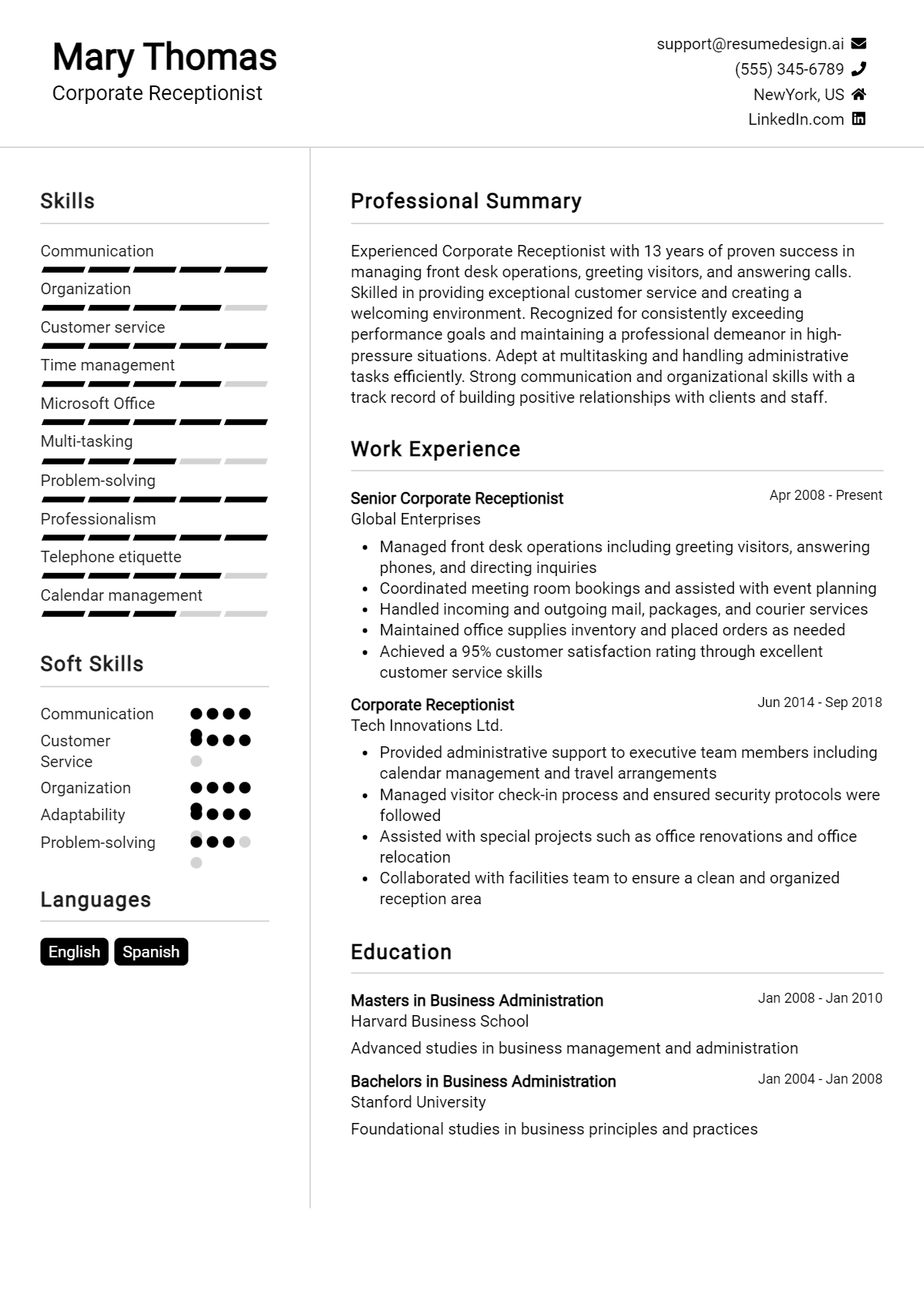 Corporate Receptionist Resume Example